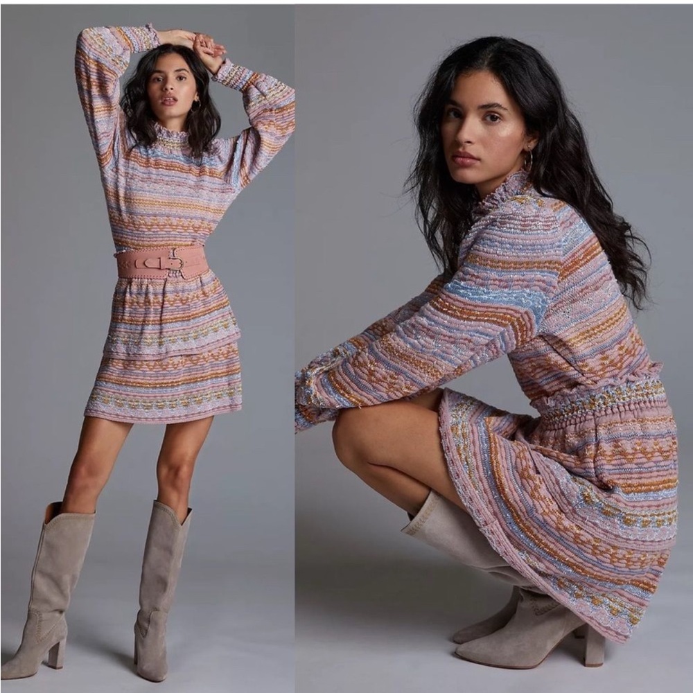 NWT - Anthro Cecilia Prado Pink Multicolour Tiered Sweater Mini Skirt Size XSP